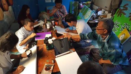 The beginning of Aung MHI in 2016, painting session Participants: Dr Aung Min, Eliza, Kyaw Khaing